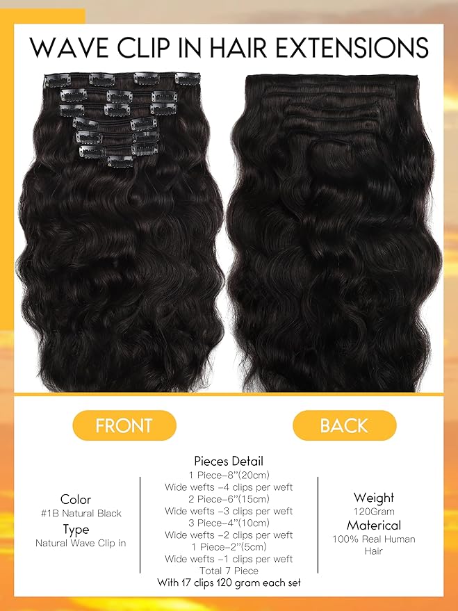 Caliee 16 inch Natural Wave Curly Clip-in Hair Extension - Full Head for Black Women - Human Hair, Real Remy, 1B/7Pcs/17Clips, 120Gram Per Set