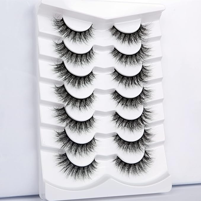 Pooplunch False Eyelashes Cat Eye Lashes 8D Volume Thick Crossed Natural Faux Mink Lashes Fake Eyelash Strips 7 Pairs Pack