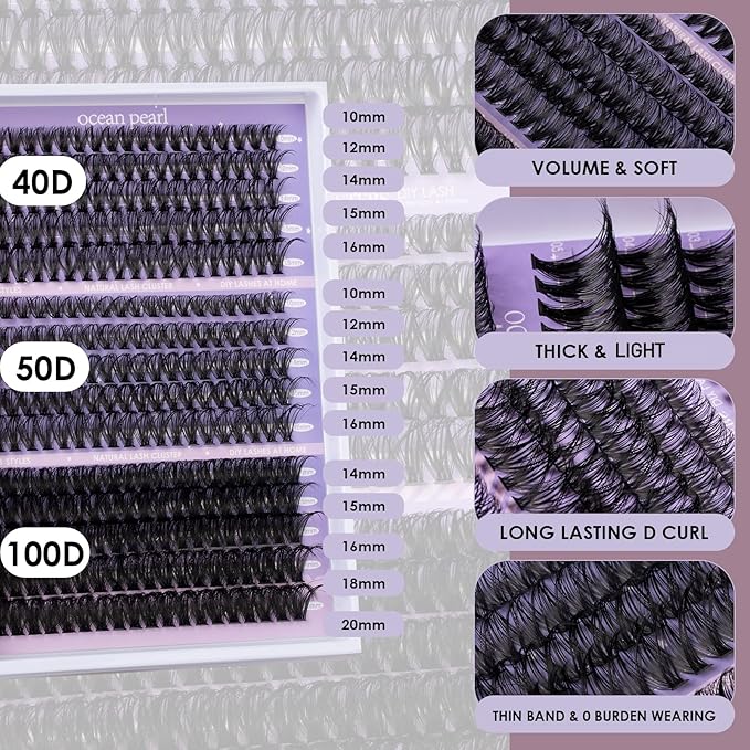 Ocean Pearl DIY Lash Extension Kit 300PCS Lash Cluters 10-20mm 40D 50D 100D Thick Eyelash Extension Kit Long Eyelashes Natural Individual Lashes with Bond&Seal&Remover&Tweezers-300