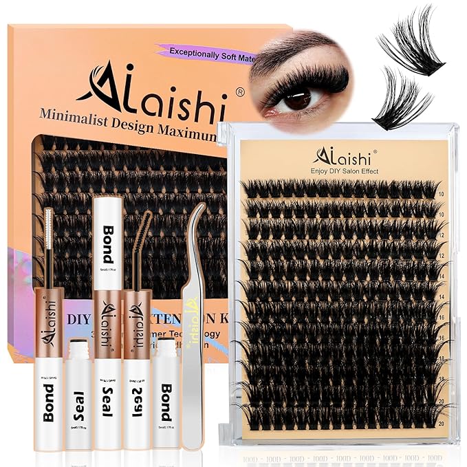 Lash Clusters Kit, DIY Cluster Eyelash Extensions 10‑20mm, 80D+100D, 192pcs Fluffy D Curl Natural Lashes with Bond & Seal,Tweezers–Fake Cat Eye Individual Clusters