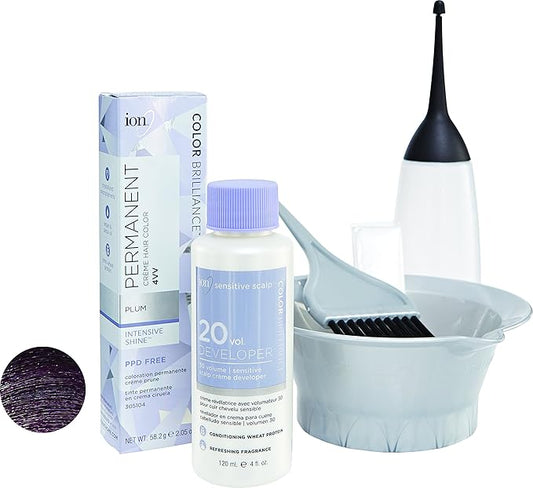 ion Permanent Creme Hair Color 4VV Plum, Vegan, Cruelty Free, PPD Free, 100% Gray Coverage, LongLasting, FadeResistant Color, 2.05 oz