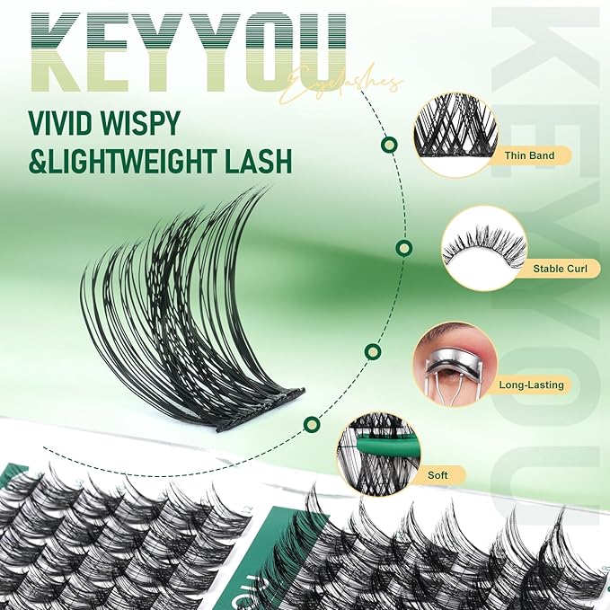 Lash Clusters 96pcs Individual Lashes D Curl 18mm Eyelash Clusters KEYYOU Volume Wispy Lash Extension Soft&Comfortable Easy DIY at Home(Y22,D-18mm)