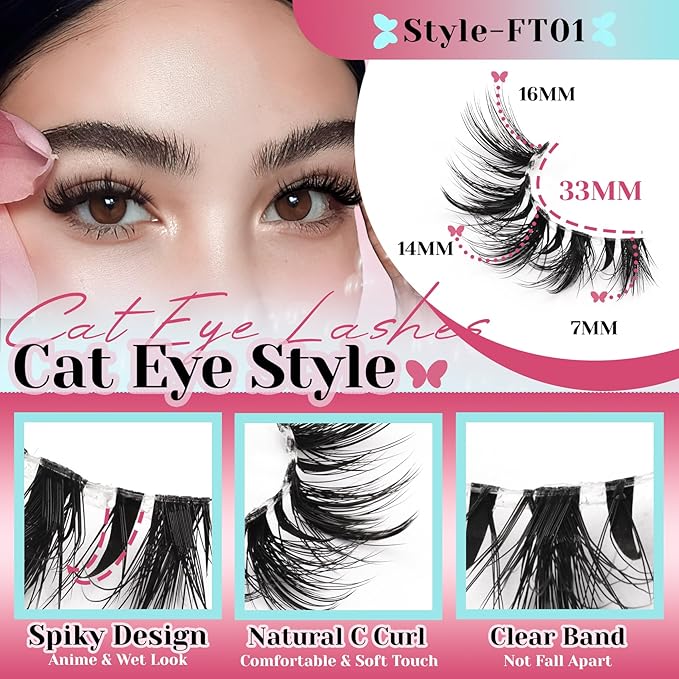 Losha Lashes Wispy Cat Eye Lashes 10 Pairs Natural False Eyelashes with Clear Band 7-16mm Soft Faux Mink Lashes C Curl Lash Strips with Spiky Design (FT01)