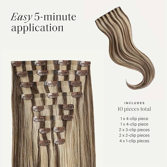 Luxy 100% Remy Human Hair - Seamless Clip-In Hair Extensions - Multi-Dimensional Color for Natural Blending, Adds Volume & Length 160 grams 16" Ash Brown Highlights