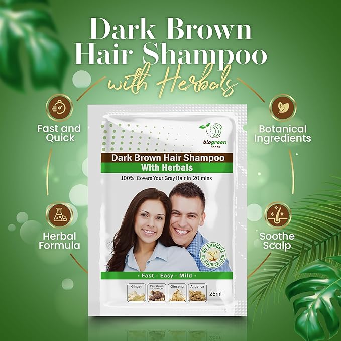 Ammonia-Free & Paraben Free Herbal Hair Shampoo - Hair Dye Shampoo for Women & Men - Natural Color & Herbal Nourishment - No Stain on Skin - Dark Brown (10 sachets x 25ml)