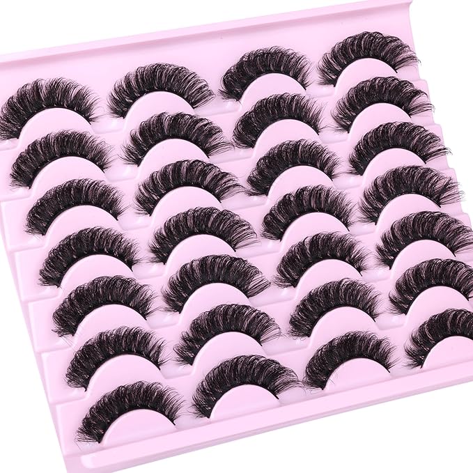 False Eyelashes Volume Russian Strip Lashes D-Curly Fake Eyelashes Extension Wispy Cat Eye Lashes Handmade Soft Reusable 14 Pairs Lashes Pack