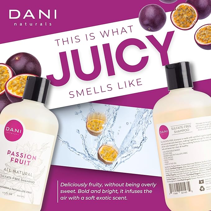 DANI Naturals Shampoo - Passion Fruit Scent - Sulfate-Free, Vegan, Moisturizing, 12 oz | Nourishing for All Hair Types & Sensitive Scalps