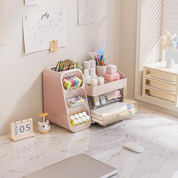 Delamu Large Makeup Organizer with Drawers, Spacious Cosmetic Display Caddy with Makeup Brush Holder, Bathroom Countertop Organizer for Vanity, Dorm, Desk, Pink