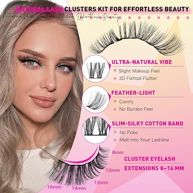 WLF Lash Clusters Kit, 132 pcs Individual Eyelash Clusters Lash Extension Kit D Curl Wispy Lash Kit with Eyelash Bond and Seal and Applicator for False Eyelash Extensions(Vale-Mix 8-16mm Kit)