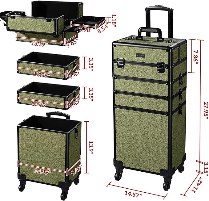 BYOOTIQUE Makeup Train Case Trolley w/Cube Case Cosmetic Organizer Rococo Green