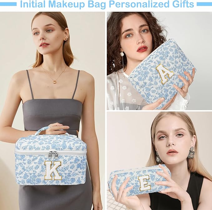 Initial Makeup Bag Set, Personalized Quilted Makeup Bag, Large Floral Cosmetic Bag for Women, Cute Cotton Custom Make up Bags, Flower Travel Toiletry Bag Teen Girl Gift Blue Flower E