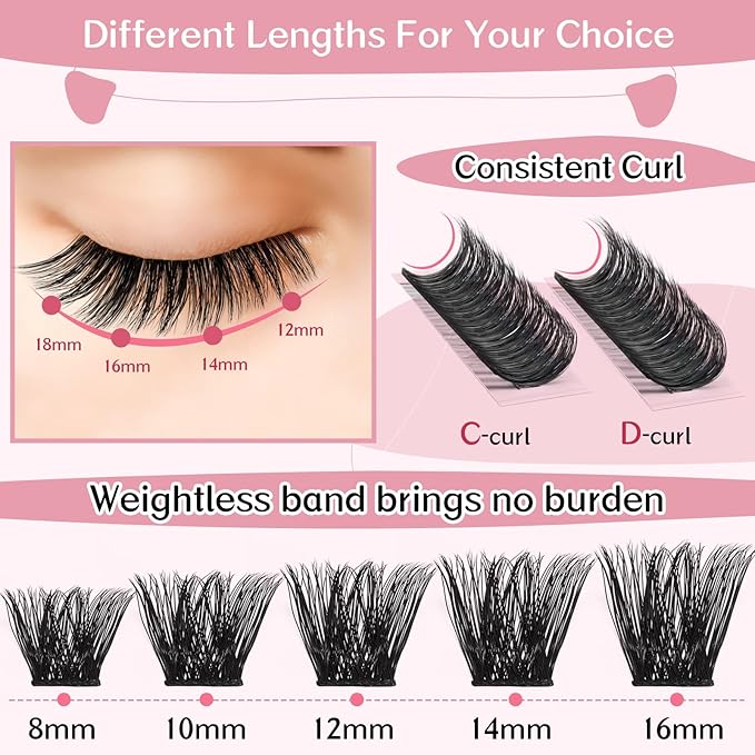 Cluster Lashes 72 Pcs Lash Clusters DIY Eyelash Extension Individual Lashes Into You-02 D-12mm Thin Band Easy to Apply at home Lashes