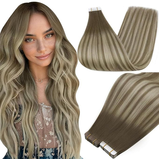 Full Shine Tape ins Human Hair Extensions Color 7 Brown Ombre 1000 Blonde And 7 Brown Human Hair Extension Tape ins 16 Inch Invisible Seamless Remy Tape Hair Extensions for Wedding 50Gram 20Pcs