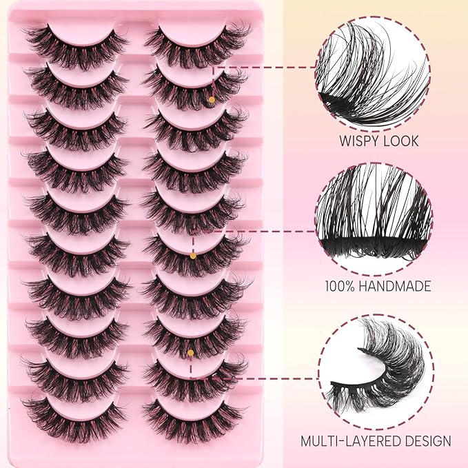 Ahrikiss Lashes Russian Strip Lashes That Look Like Extensions D Curl Fluffy False Eyelashes 10 Pairs 3D Volume Fake Lashes Wispy Faux Mink Lashes Natural Look (D17)