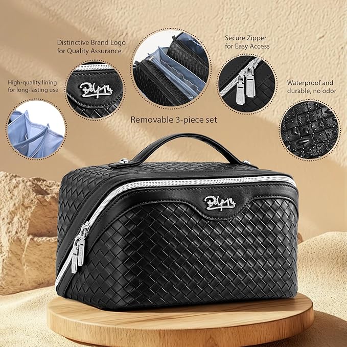 BOYATU Travel Makeup Bags for Women: 3 Pcs Large Make up Bags Set - Vegan Leather Cosmetic Bag for Traveling - Waterproof Toiletry Organizer (L33 Black)
