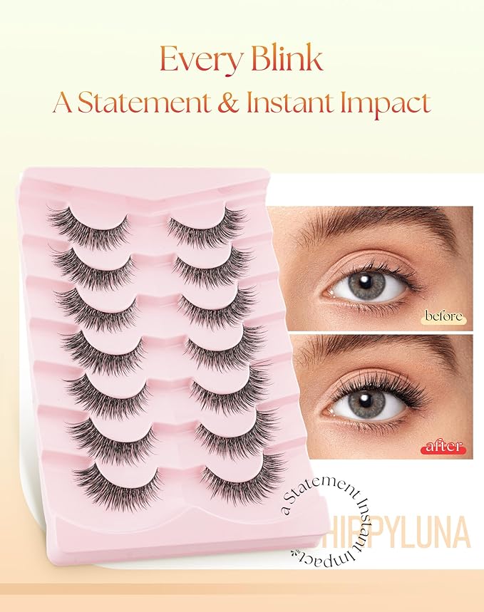 False Eyelashes 14MM Cat Eye Lashes Wispy Fake Eyelashes with 0.03MM Ultra Thin Band Natural Lashes Strips C Curl Eye Lash ChirpyLuna, 7 Pair
