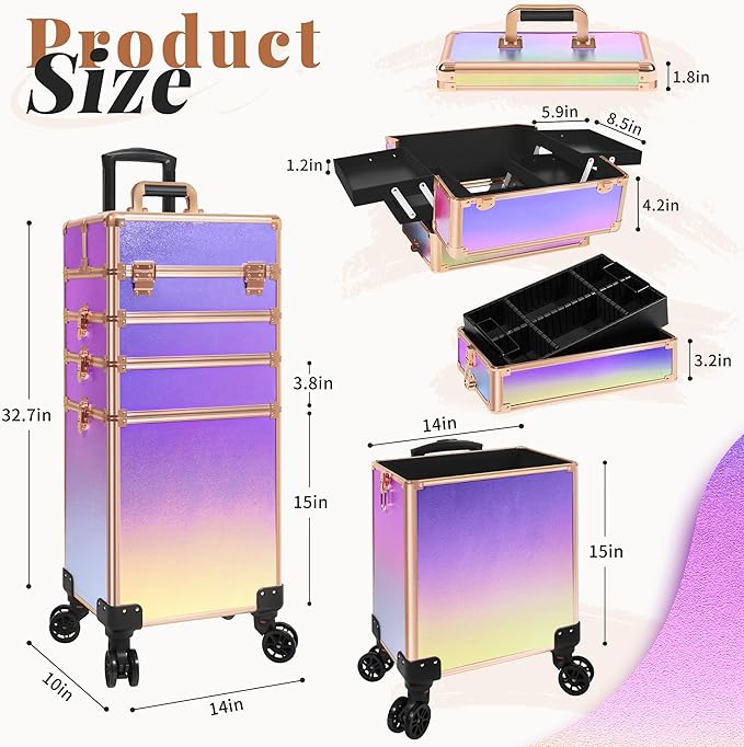Profesional Rolling Makeup Train Case with Lid, 5 in 1 Cosmetology Case on Wheels, Large Cosmetic Trolley Organizer Travel for Hairstylist Artist Nail Beauty Salon Barber, Colorful