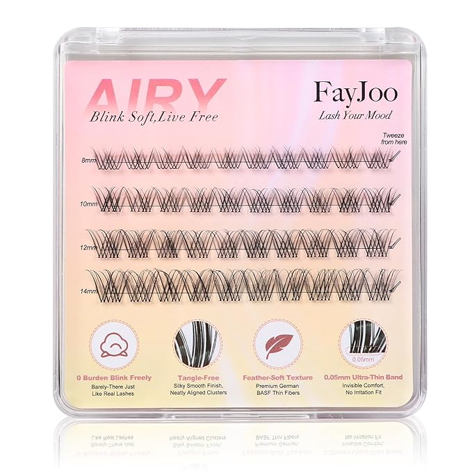 Natural Lash Clusters with 0.05mm Thin Invisible Band, Soft Wispy C Curl, Most-Used Sizes 8-14mm for Daily Wear, Travel Compact Pack, Budget-Friendly for Beginner, FayJoo AIRY 11 Lite