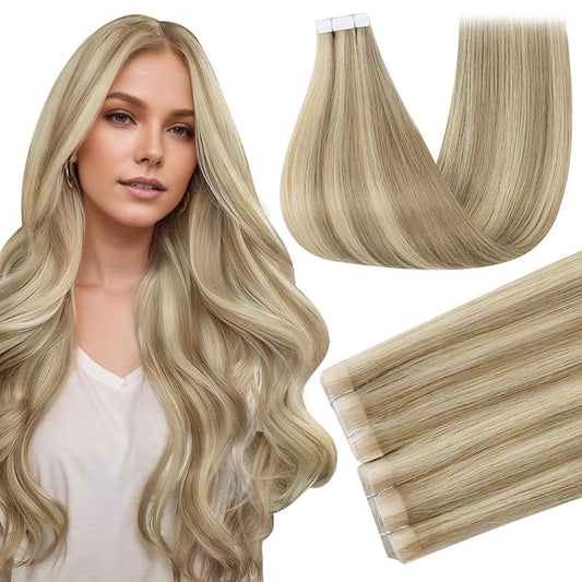 Full Shine Blonde Tape in Hair Extensions Color 16P22 Injected Hair Extensions Tape in 14Inch Seamless Invisible Extension for Fine Thin Hair Cuticles Aligned Short Hair Compatibility 40G 20Pcs