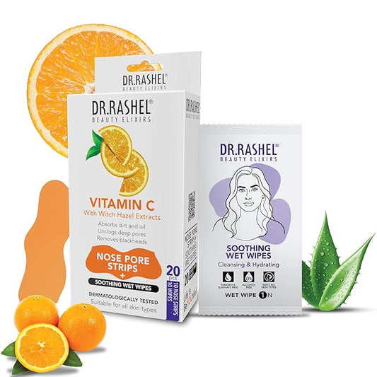 DR.RASHEL Vitamin C Nose Pore Strips For Pore Cleansing, Instant And Painless Blackheads Removal | Deep Purifying Blackhead Remover Strips for Nose | 20 PCS (10 Strips & 10 Wipes)