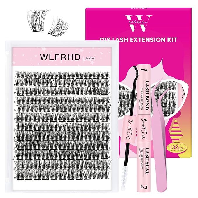 WLF Lash Clusters Kit, 132 pcs Individual Eyelash Clusters Lash Extension Kit D Curl Wispy Lash Kit with Eyelash Bond and Seal and Applicator for False Eyelash Extensions(Vale-Mix 8-16mm Kit)
