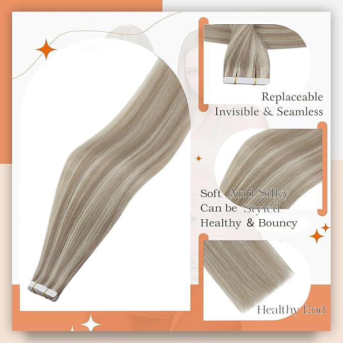 Full Shine Remy Tape in Hair Extensions 22Inch Double Sided Tape in Extensions Seamless Skin Weft Silky Straight Real Human Hair Extension Piano Color 18/613 Extension 50G 20Pcs Adhesive Tapes
