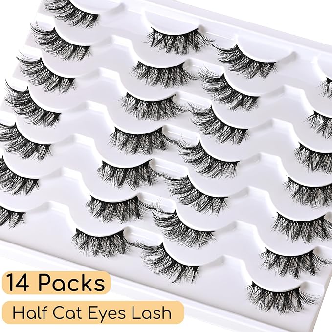 Half Lashes False Eyelashes Wispy Fake Lash Strips Natural Cat Eye Strip Eyelash Pack 14 Pairs Mink Half Lashes Cateye 7-15mm Half Eyelashes for Women
