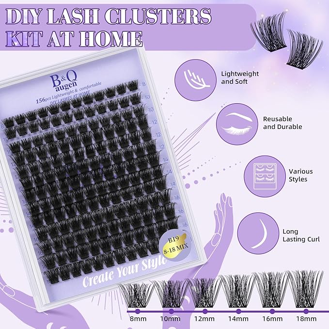 B&Q Wispy Lash Clusters Kit B19, DIY Lash Extension Kit 156PCS Eyelash Extension Kit, Soft Natural Lash Clusters 8-18MIX D Curl Lash cluster, Thin Black Band Cluster Eyelash Extensions (B19 Set)