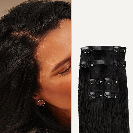 Luxy 100% Remy Human Hair Extensions for Thin Hair Thinning Hair Fill-Ins – 6 Seamless Wefts Multi-Dimensional Color Blend - Natural-Looking Volume & Coverage 95 grams 20" Jet Black Thinning