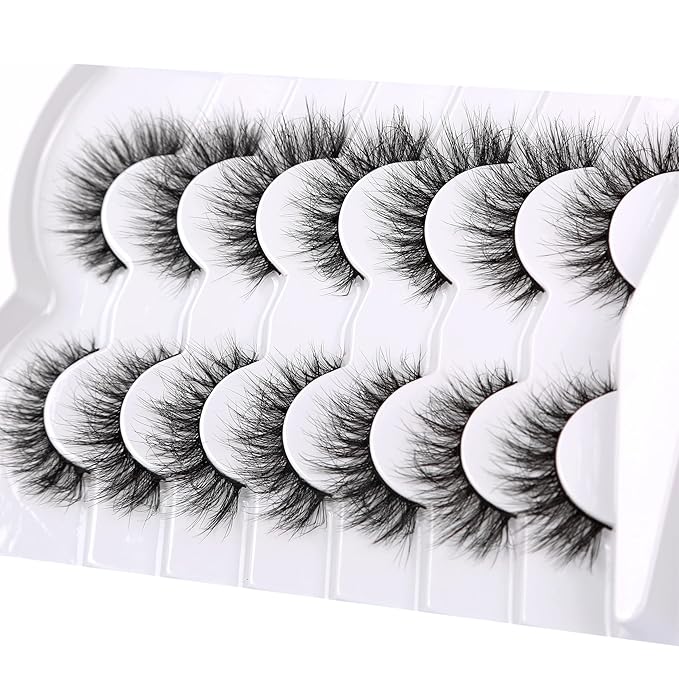 Pooplunch False Eyelashes Cat Eye Lashes 8D Volume Thick Crossed Natural Faux Mink Lashes Fake Eyelash Strips 7 Pairs Pack