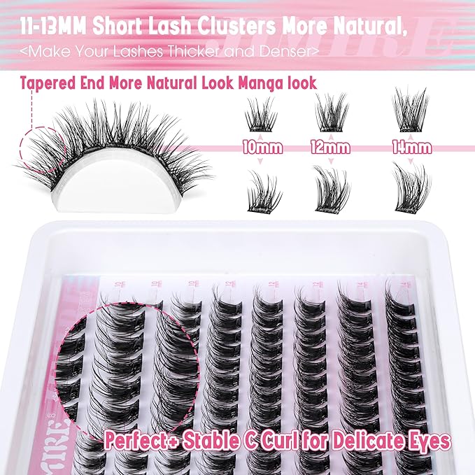 JIMIRE Self Adhesive Eyelashes Natural Look 12-14MM Full Pre Glued Lashes Clusters Manga Press on Lash Clusters D-Curly Reusable Self Adhesive Eyelash Clusters No Glue Needed