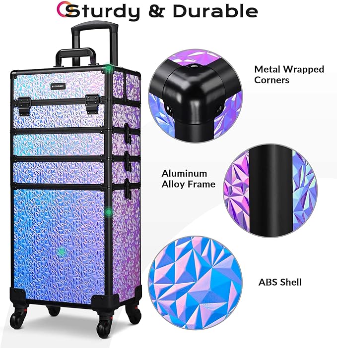 BYOOTIQUE 4in1 Rolling Makeup Case on wheels Nail Traveling Organizer box False Eyelash Storage for Nail Technician Beauty Salon Barbershop Hairstylist,Mermaid Purple