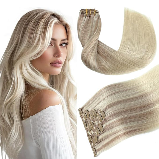 Youngsmile Human Hair Clip in Hair Extensions #18/22/60 Balayage Ash Blonde to Golden Blonde and Platinum Blonde 7pcs 120g 22 Inch Straight Real Hair Clip in Extensions (CLIP#182260-22Inch)