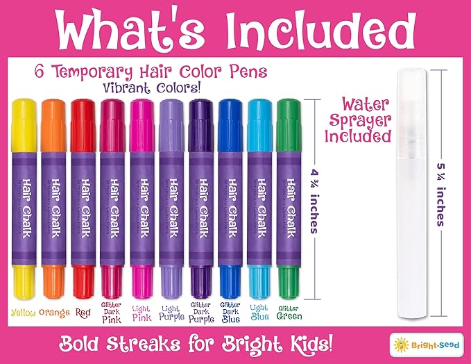 Bright Seed Hair Chalk For Girls Washable, Temporary Hair Color, Paint & Dye for Kids, Makeup Kit of 10 colors, Great Toy & Birthday Gifts for Kids Age 5 6 7 8 9 10 11 12 13, Craft for Tween & Teen