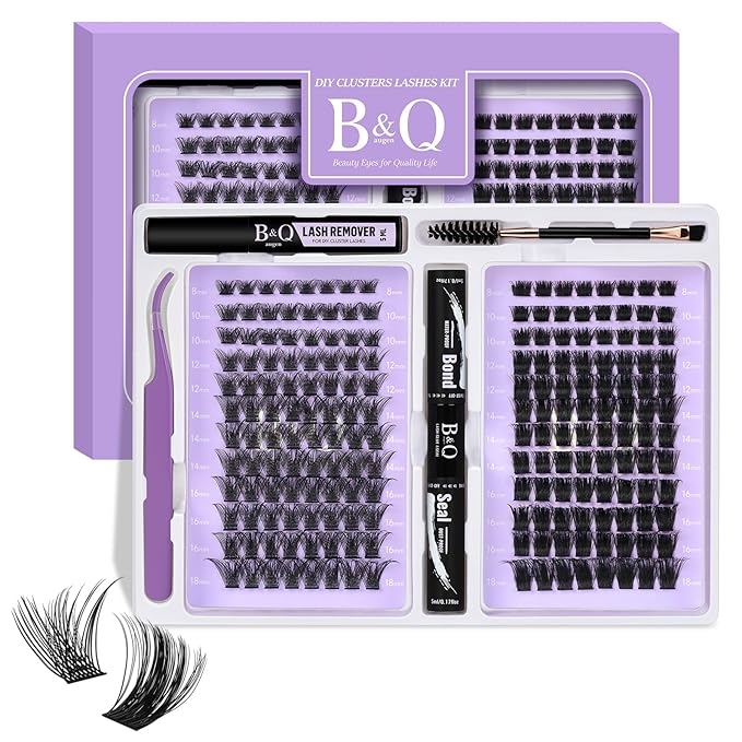 B&Q Lash Extension Kit 192 pcs Eyelash Extension Kit B02+B07 8-18mm Mixed Lash Clusters Kit Individual Lashes Kit Wispy with Lash Glue and Remover Applications Eyelash Kit (B02+B07, Kit)