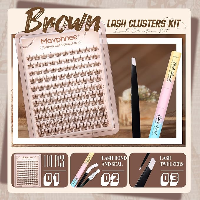 Mavphnee Brown Lash Clusters Kit Fairy Lash Extensions Kit Anime Eyelash Clusters Spiky Cluster Eyelash Extensions Natural Manga Individual Lashes Kit with Bond and Seal Lash Glue Clear