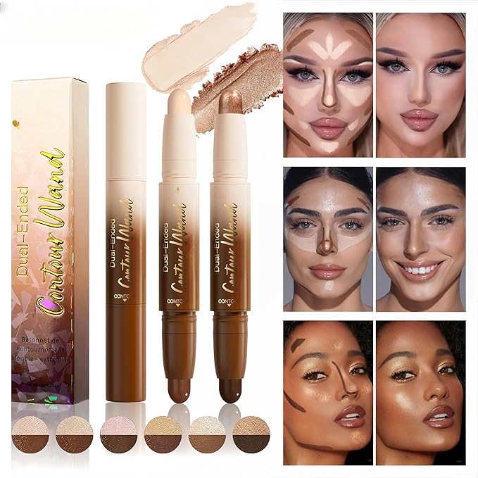 MAEPEOR Contour Highlighter Stick 2 in 1 Smooth Natural Glow Cream Bronzer and Highlighter Stick Long Lasting Non-greasy and Non-drying Brightening Pen (05 Universal)