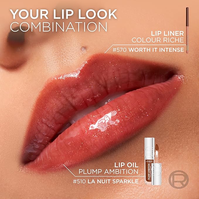 L'Oreal Paris Plump Ambition Hyaluron Lip Oil, 24 HR Lip Gloss with Hyaluronic Acid, Volumizing Formula with Glass-Like Shine, Cherry Cherie 390, 0.16 Fl Oz
