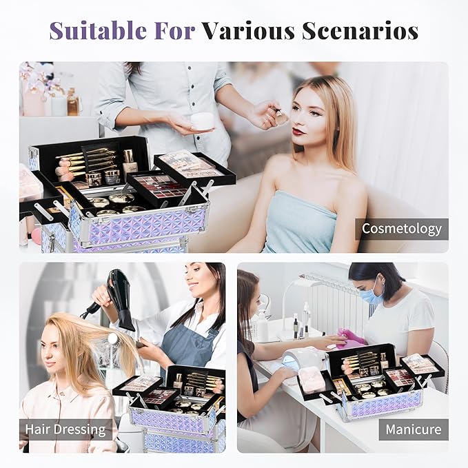 AROUS Rolling Makeup Train Case with 3 Drawers, Cosmetology Case on Wheels Nail Trolley Cart Salon Station Organizer Cases for Nail Tech, Face Painting,Hairstylist, Makeup Artist, Silver