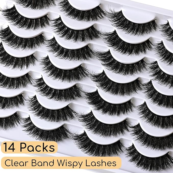 Lashes Volume Mink Eyelashes 14 Pairs Cateye Lash Strips Wispy Cat Eye Lashes Natural Look 10-15mm Short Thick Fluffy False Strip Eyelash Full Small Fake Lashes Pack Black Pestañas Postizas