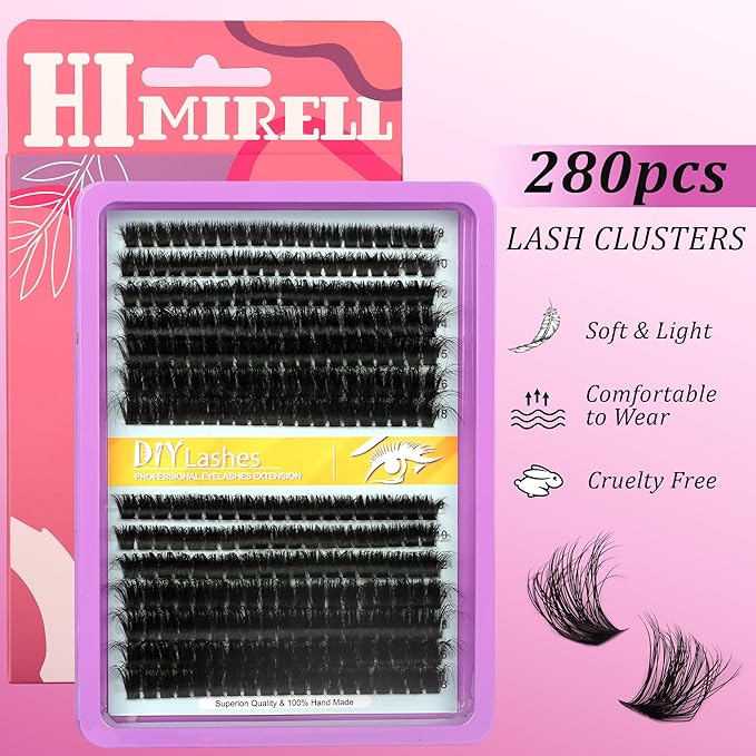 Lash Extension Kit - 280 Pcs 60D+80D Thick Wispy Clusters (9-18MM) with D & C Curl for Home Makeup