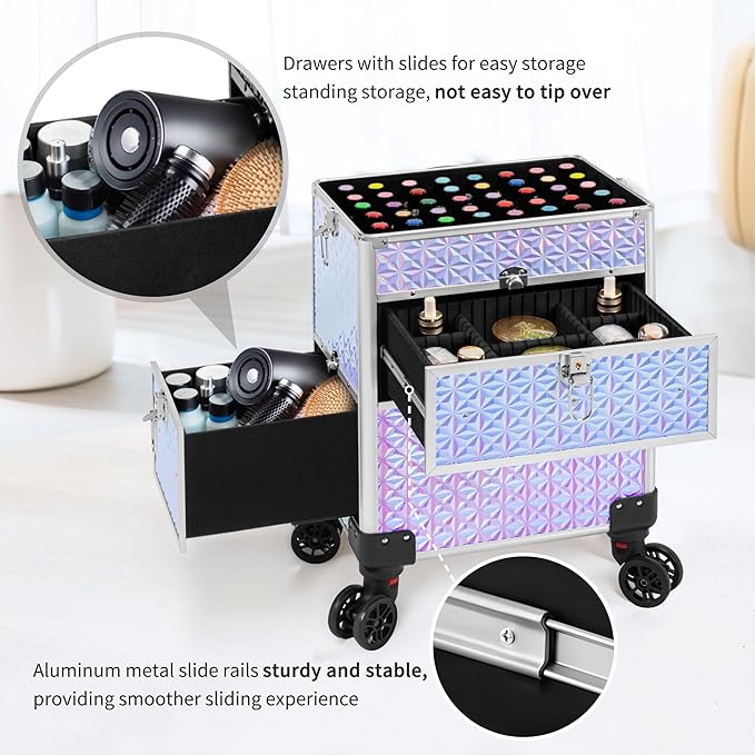 AROUS Rolling Makeup Train Case with 3 Drawers, Cosmetology Case on Wheels Nail Trolley Cart Salon Station Organizer Cases for Nail Tech, Face Painting,Hairstylist, Makeup Artist, Silver