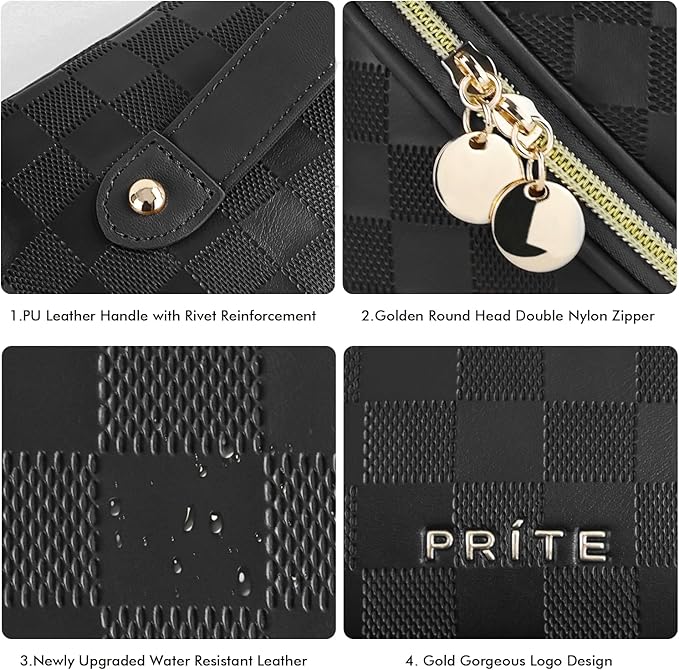 Prite Makeup Bag for Women Travel Waterproof Vegan Leather Cosmetic Bag Open Flat Toiletry Bag With Clear Divider and Handle (Plaid Black)