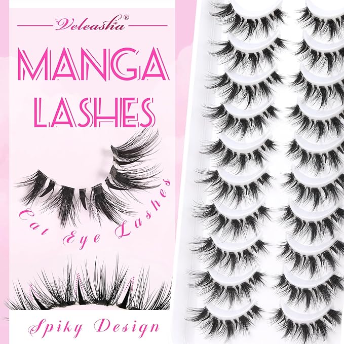 Veleasha Manga Lashes Cat Eye Lashes with Clear Band 7-16MM C Curl Spiky Anime False Eyelashes 6D Effect 10 Pairs Doll Eye Wispy Eyelashes (Spiky02)