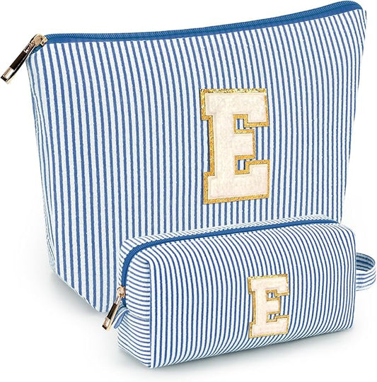 mibasies 2 PCS Initial Makeup Bags for Women: Cosmetic Bag for Travel Toiletry - Personalized Cute Makeup Pouch - Gifts for Grilfriend Wife Moms Bridesmaid - Retirement Travel Gifts - Blue E