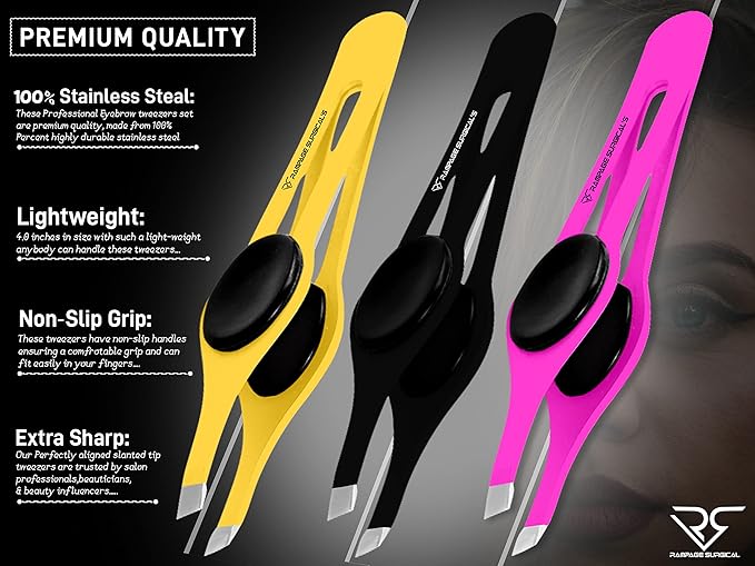 Professional Eyebrow Tweezers Slanted Tip Stainless Steel 2,3xPcs Set, Non-Slip Grip Slant Tip Tweezers for Facial Hair, Plucking Removing Ingrown Hairs, Tweezer for Women Men (Black&Pink&Yellow)