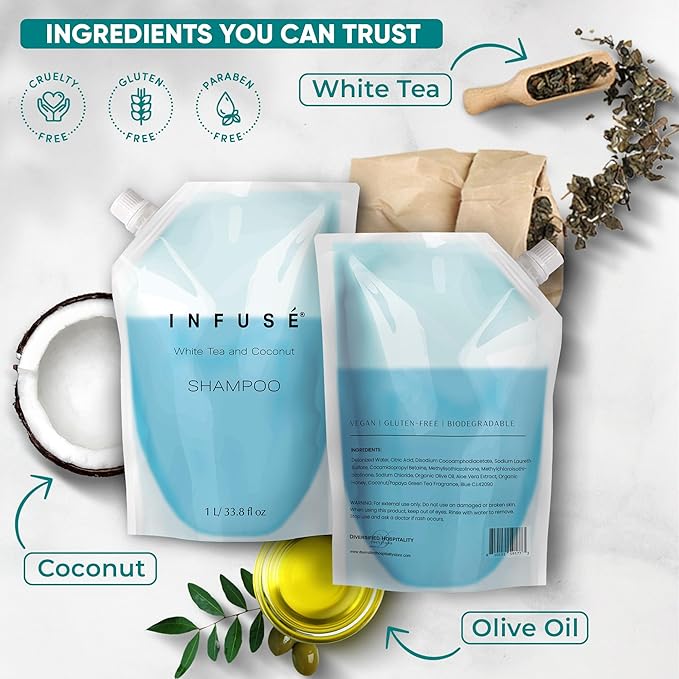 1 Liter Shampoo Refill Bag For Soap Dispensers | Bulk Toiletries for Vacation Rentals, and Home Bathroom Showers | White Tea and Coconut | Set of 12