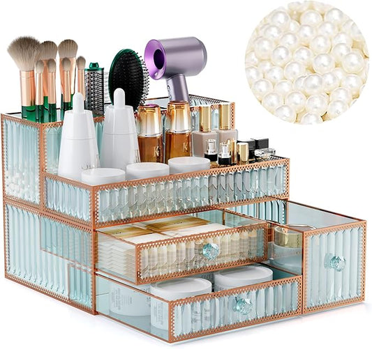 Makeup Organizer Countertop - Tempered Glass Vanity Organizer for Cosmetics, Skincare, Hair Tools, Brushes, Perfume - Multipurpose Bathroom Counter Skincare Organizer