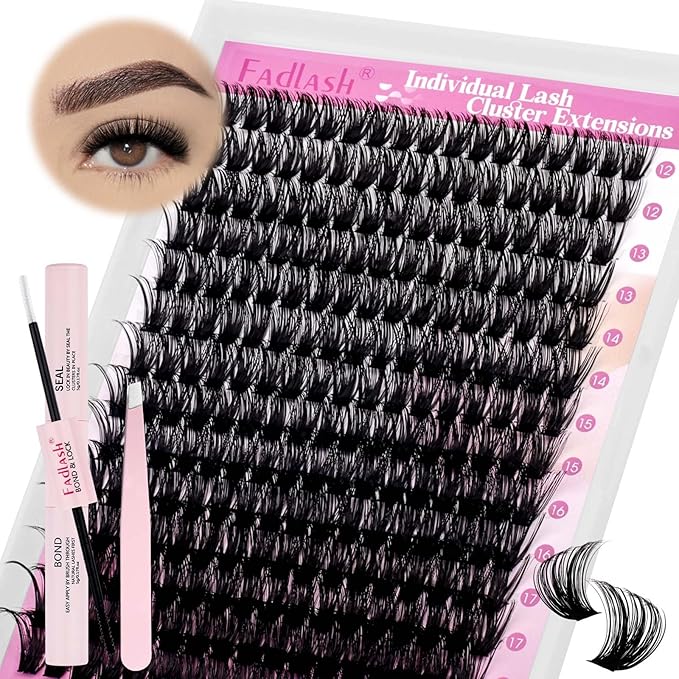 FADLASH DIY Lash Extension Kit Individual Lashes Cluster D Curl Eyelash Extension Kit with Lash Bond and Seal and Lash Applicator Tool for Self Application at Home (80D-0.07D-12-18MIX KIT)