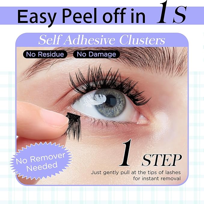 Self Adhesive Eyelashes, Winkgiggle 60pcs No Glue Needed Self Adhesive Lash Clusters, Reusable Pre-Glued Eyelashes No Remover No Residue for Beginners